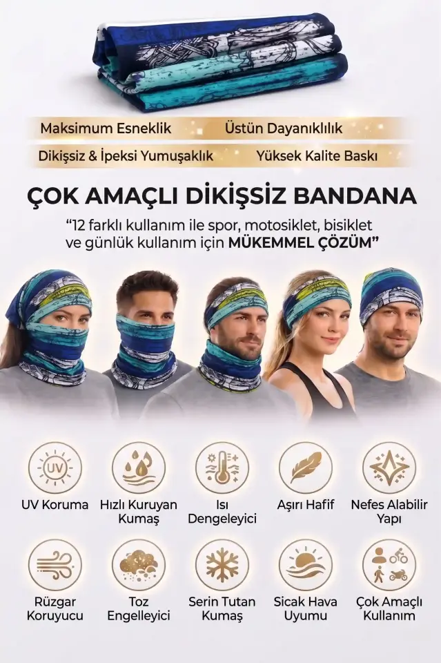 Unisex - 12 Farklı Kullanım Çok Amaçlı Dikişsiz Bandana - UV Korumalı, Nefes Alan Buff Tipi Boyunluk
