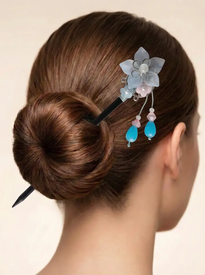 Gök Mavisi Çiçekli Geleneksel Saç Çubuğu (Kanzashi) - %100 El İşçiliği Kadın Topuz Kalemi