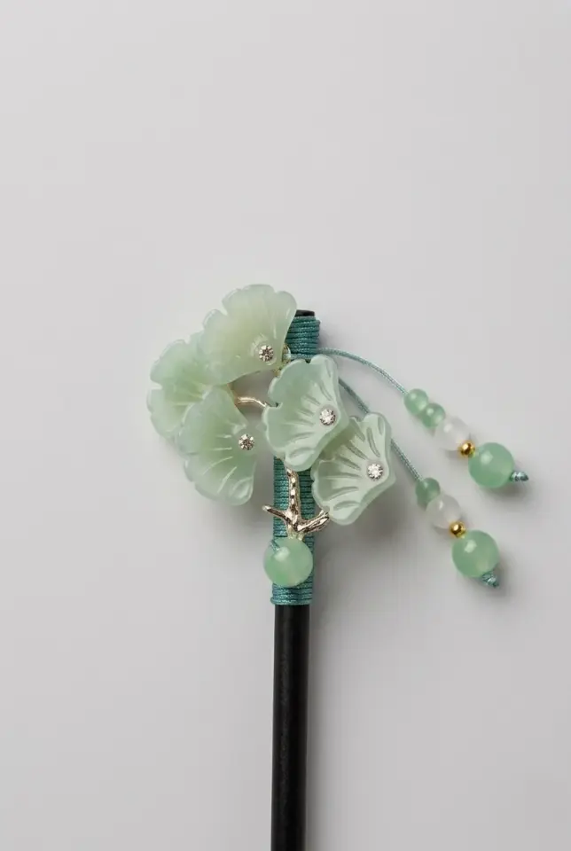 Ginkgo Biloba Serisi Yeşil Doğal Taşlı Ginkgo Yaprağı Tasarım %100 El İşçiliği Kadın Topuz Kalemi