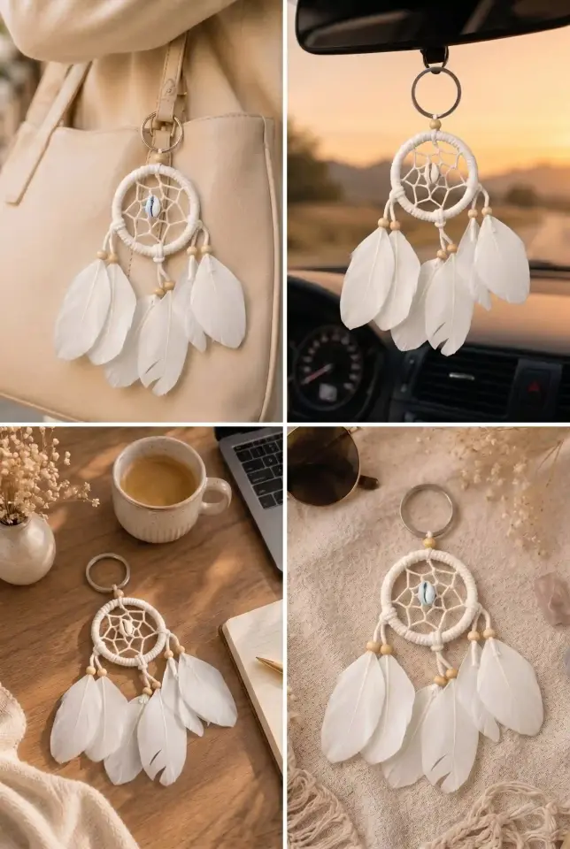 Bohem Makrome Düş Kapanı Anahtarlık - El Yapımı Beyaz Tüylü Dream Catcher