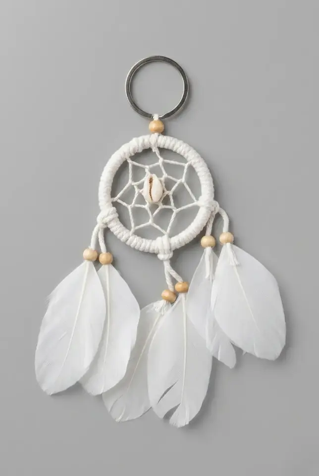 Bohem Makrome Düş Kapanı Anahtarlık - El Yapımı Beyaz Tüylü Dream Catcher