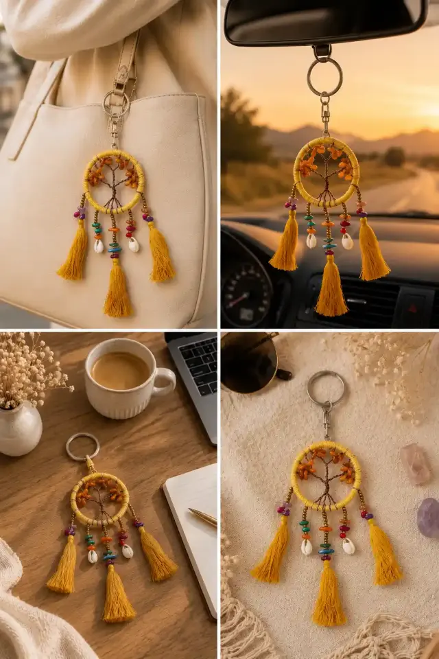 Hayat Ağacı Makrome Düş Kapanı Anahtarlık - Doğal Taşlı ve Püsküllü Bohem El Yapımı Dream Catcher