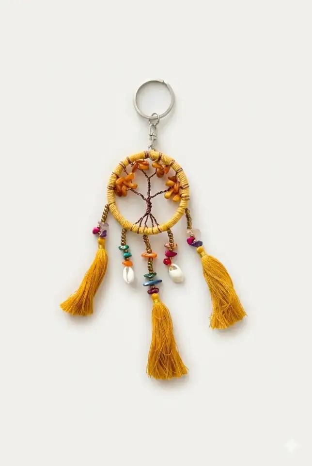 Hayat Ağacı Makrome Düş Kapanı Anahtarlık - Doğal Taşlı ve Püsküllü Bohem El Yapımı Dream Catcher