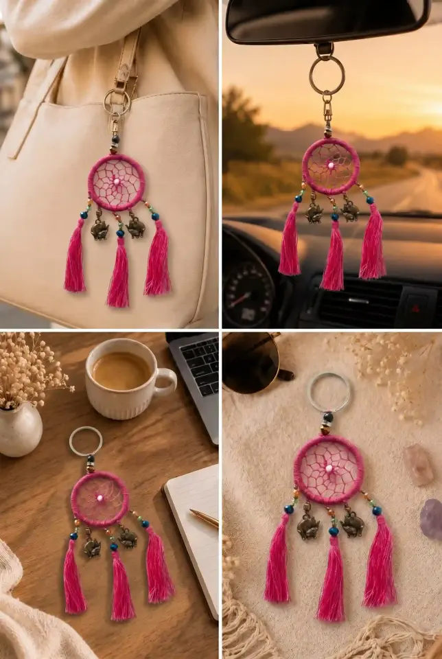 Pembe Makrome Düş Kapanı Anahtarlık - Fil Figürlü Şans Getiren Renkli Boncuklu Dream Catcher