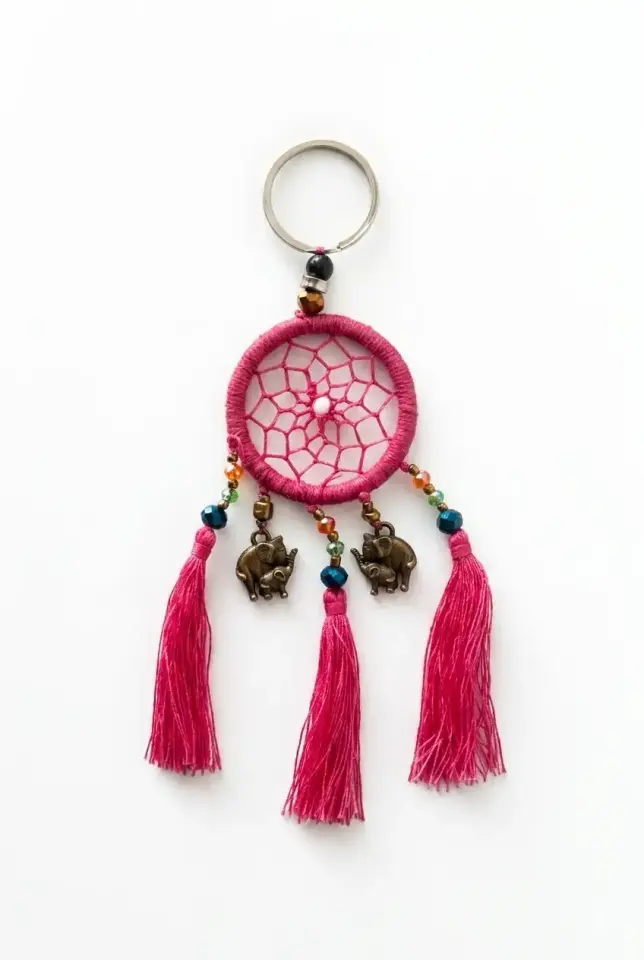 Pembe Makrome Düş Kapanı Anahtarlık - Fil Figürlü Şans Getiren Renkli Boncuklu Dream Catcher