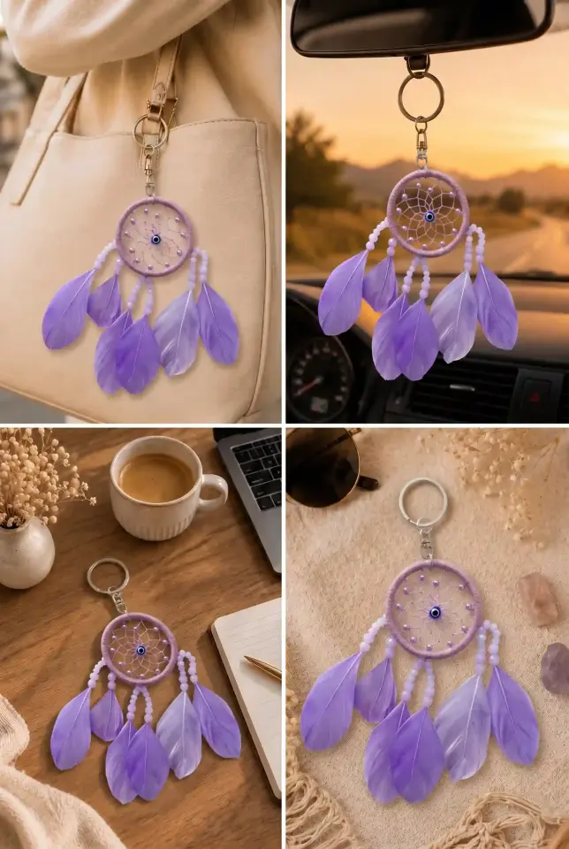 Bohem Lavanta Moru Düş Kapanı Anahtarlık - Nazar Boncuklu ve Mor Tüylü Şans Getiren Dream Catcher