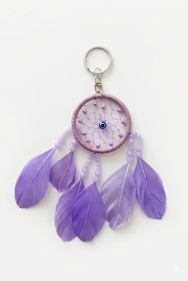Bohem Lavanta Moru Düş Kapanı Anahtarlık - Nazar Boncuklu ve Mor Tüylü Şans Getiren Dream Catcher
