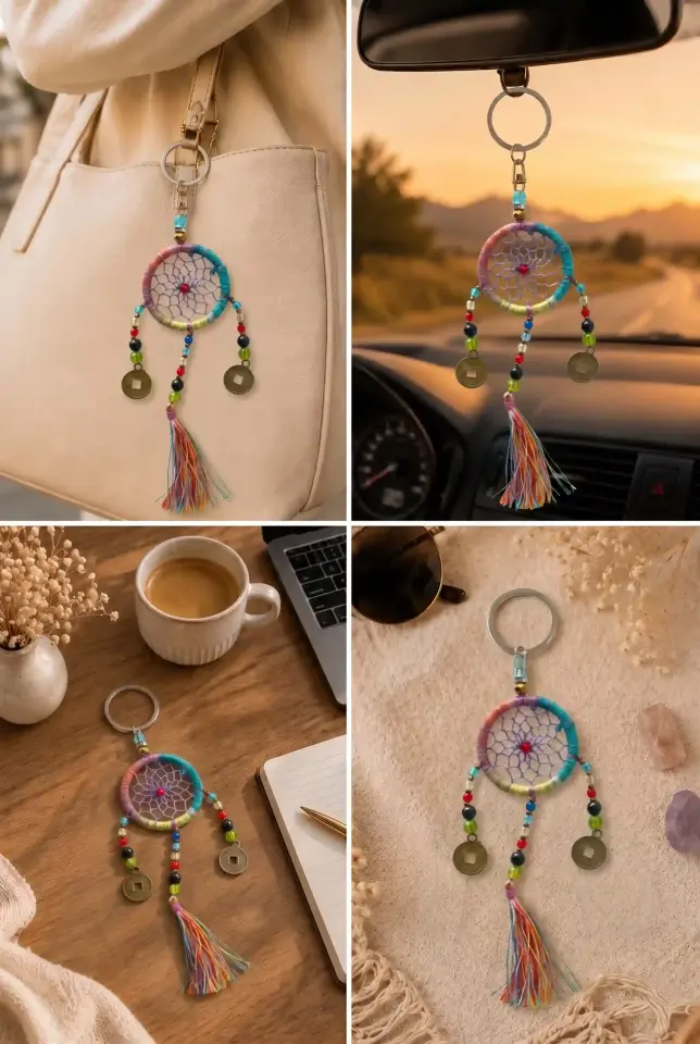 Bohem Gökkuşağı Renkli Makrome Düş Kapanı Anahtarlık - Çin Bereket Parası Detaylı Dream Catcher